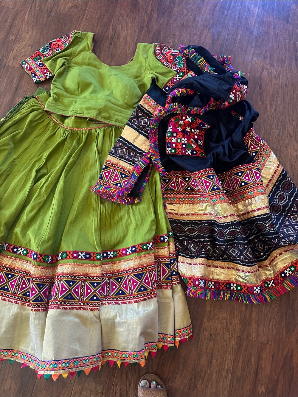 Kids Green and Black Traditional Embroidered Costume Set